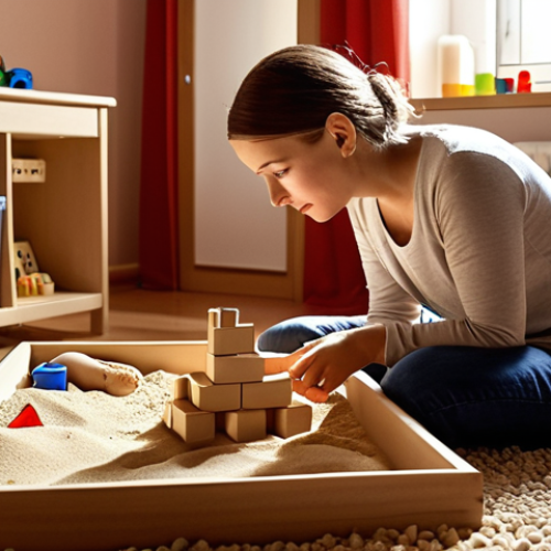 Home 4 **A cozy, warmly lit playroom in Poland. A play therapist sits on a rug with a child, surrounded by building blocks and a sand tray. The child is creating a scene in the sand tray, possibly related to memories of a grandparent. The therapist is observing with empathy.** (Focuses on emotional processing and a specific memory.)