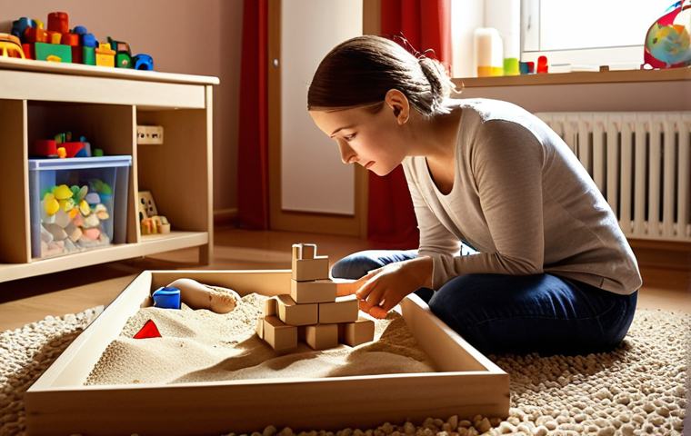 **A cozy, warmly lit playroom in Poland. A play therapist sits on a rug with a child, surrounded by building blocks and a sand tray. The child is creating a scene in the sand tray, possibly related to memories of a grandparent. The therapist is observing with empathy.** (Focuses on emotional processing and a specific memory.)